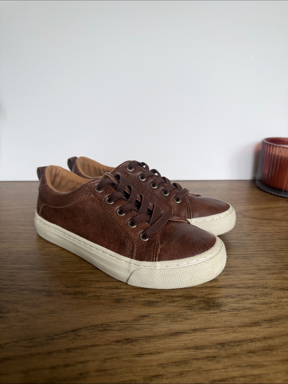 Old Navy Brown Leather-Look Kids Sneakers with White Sole
